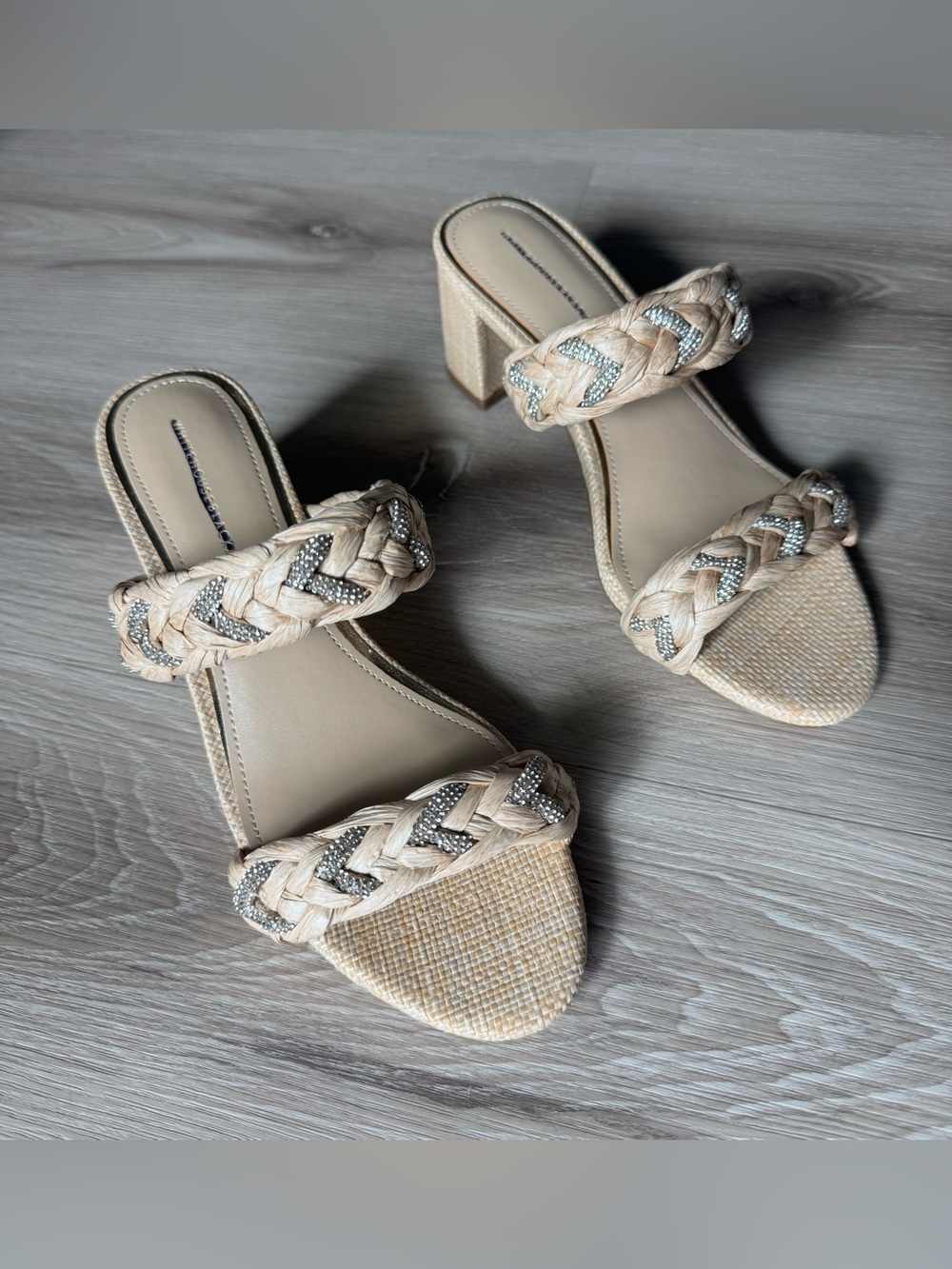 White House Black Market Braided Raffia Block Heel Sandals in Natural Beige